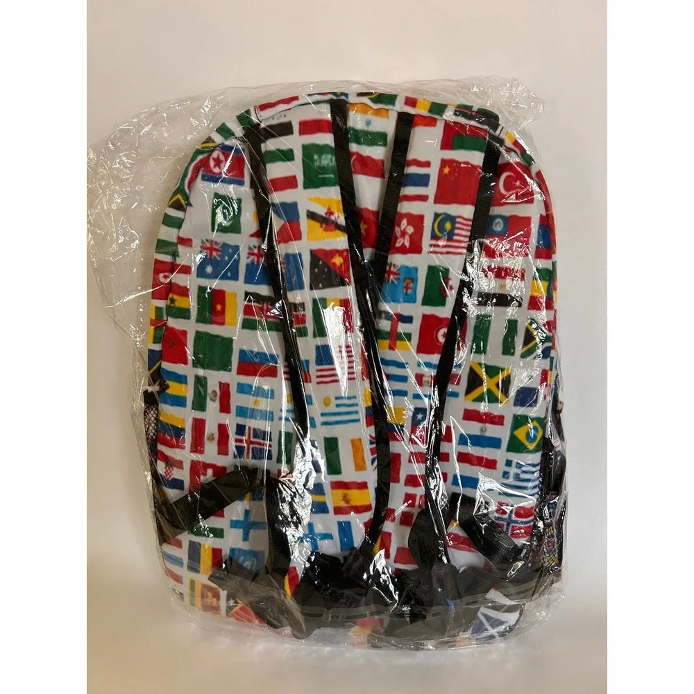 NWT World Flags Backpack Back to School International College Zipper Side Mesh